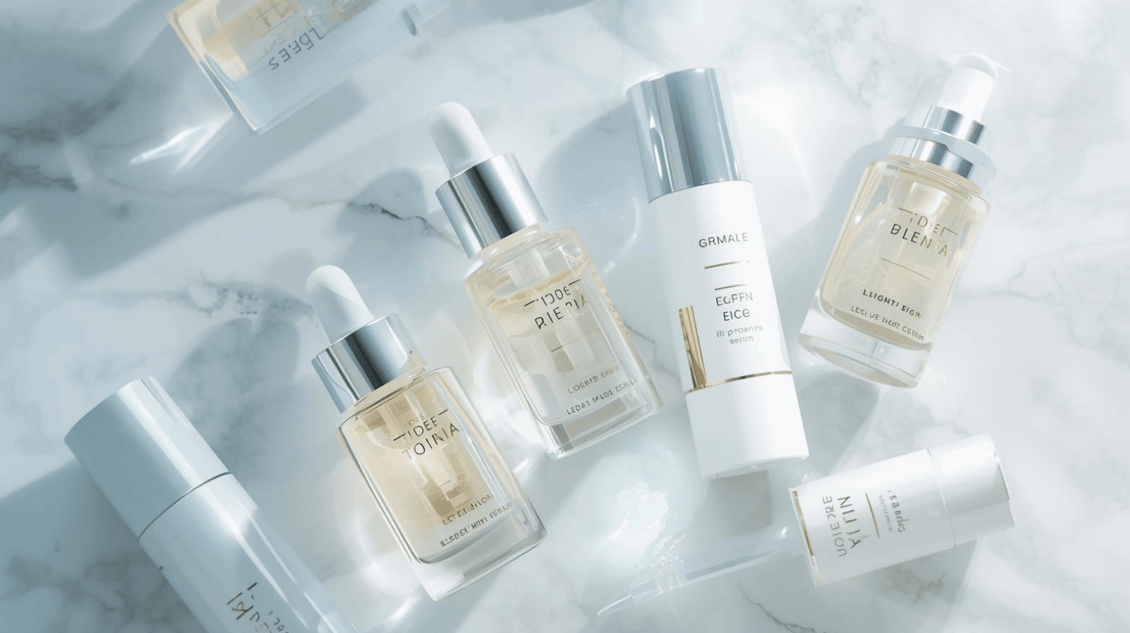 Produk skincare brightening 2025 di atas permukaan marmer putih.