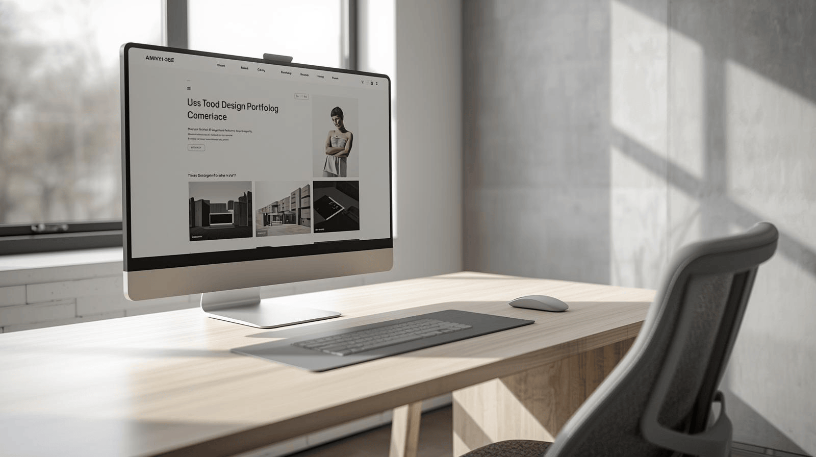 Meja kerja desainer modern dengan portofolio digital tampil pada layar monitor besar.