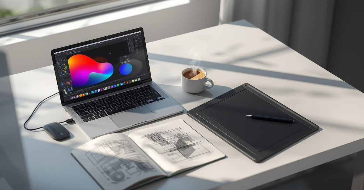 Meja kerja desainer kreatif dengan laptop dan tablet grafis menampilkan tools desain favorit